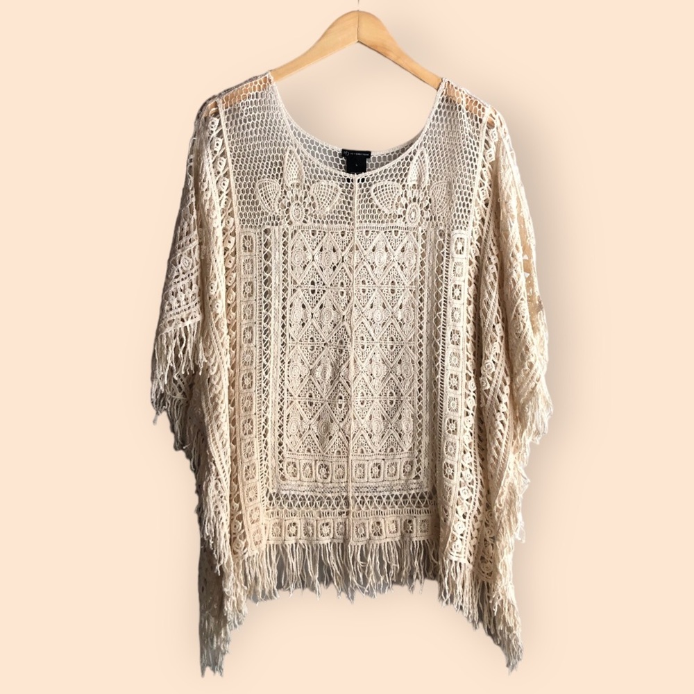 New Directions Bohemian Crochet Knit Fringe Coverup Top Cotton Women’s Large